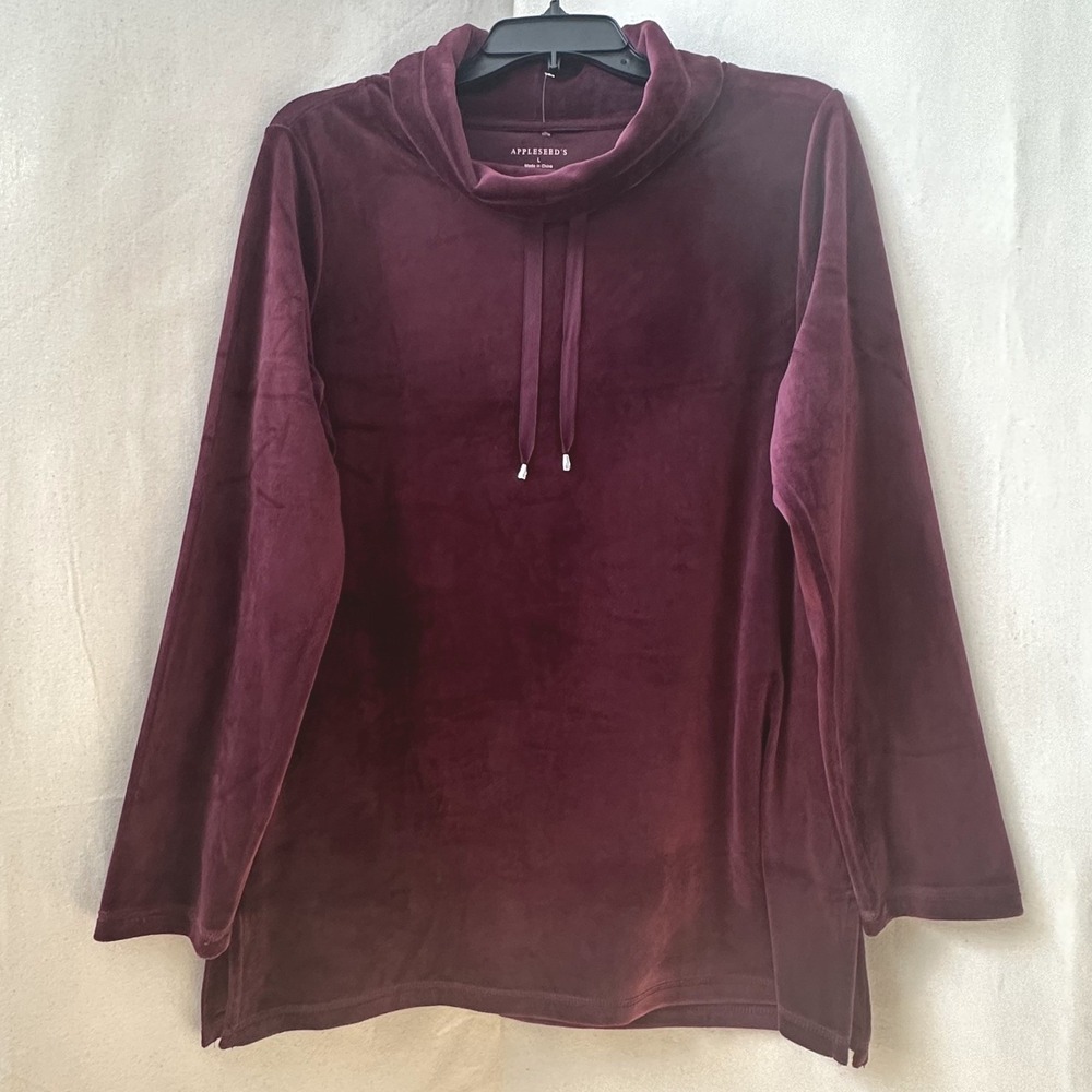 NWOT Appleseeds Soft Loungewear Burgundy Velour Cowl Neck Tunic Top L/S Sz L